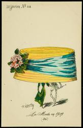 La Mode en 1909 - yellow hat with blue ribbon and pink flowers.