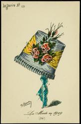 La Mode en 1909 - blue hat with yellow ribbon and red roses.