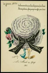 La Mode en 1909 - light purple hat with black ribbon and pink rose.