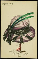 La Mode en 1909 - purple striped hat with black ribbons and green feathers.