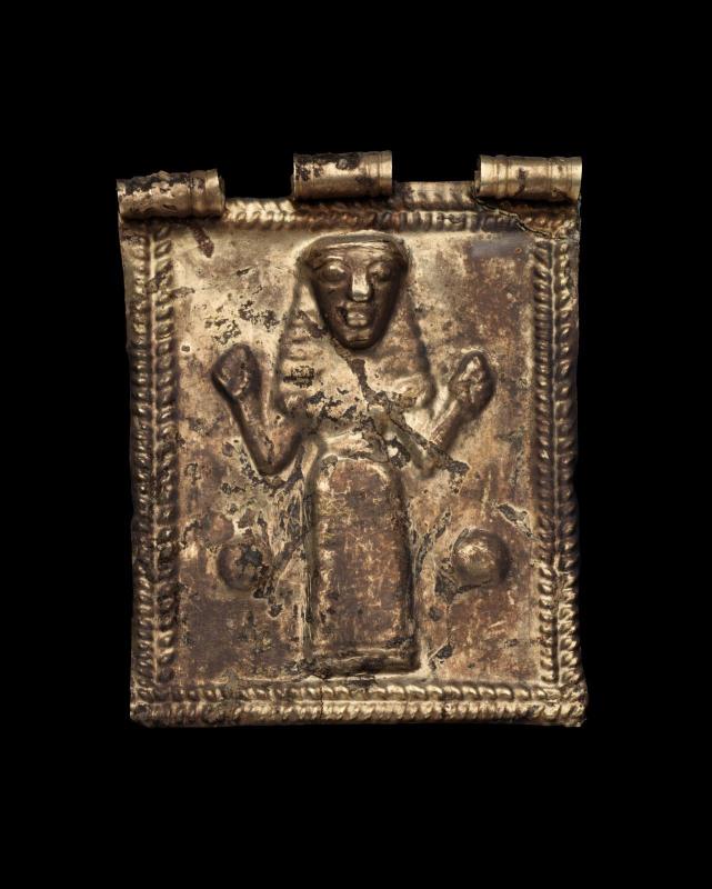 Repoussé plaque with woman with raised arms