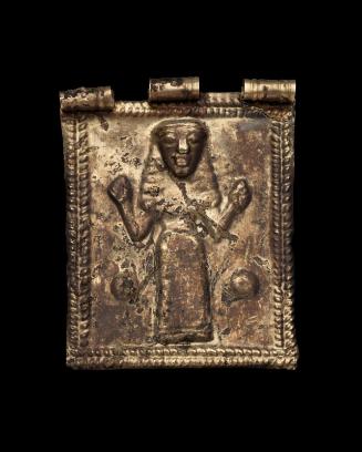 Repoussé plaque with woman with raised arms