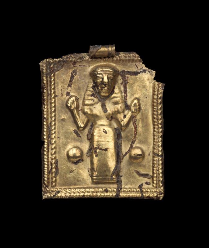 Repoussé plaque with woman with raised arms