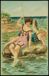 Two women fishing at the beach.