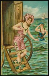 Woman exiting a changing room at the beach.