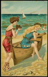 Woman being photographed in a boat at the beach.