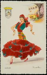 Embroidered Flamenco Dancer Post Card. (red, turquoise and yellow dress.)