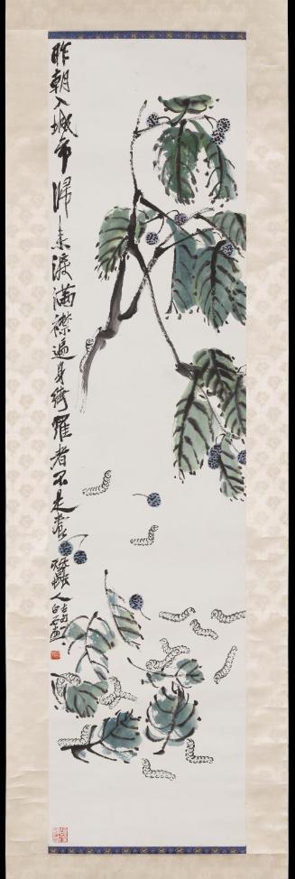 Silkworms eating mulberry leaves
