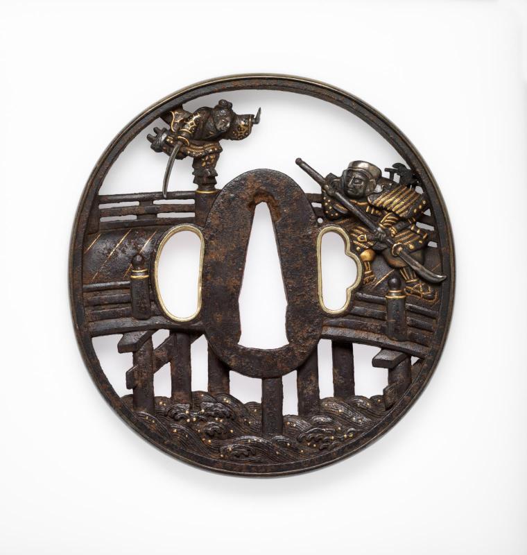 Tsuba with design of Ushiwakamaru and Benkei fighting on the Gojô Bridge