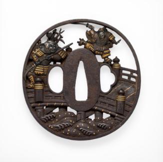 Tsuba with design of Ushiwakamaru and Benkei fighting on the Gojô Bridge