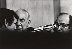Senators Howard Baker and Sam Ervin conferring with Counsel Sam Dash during Watergate hearings, Washington, DC., 1973