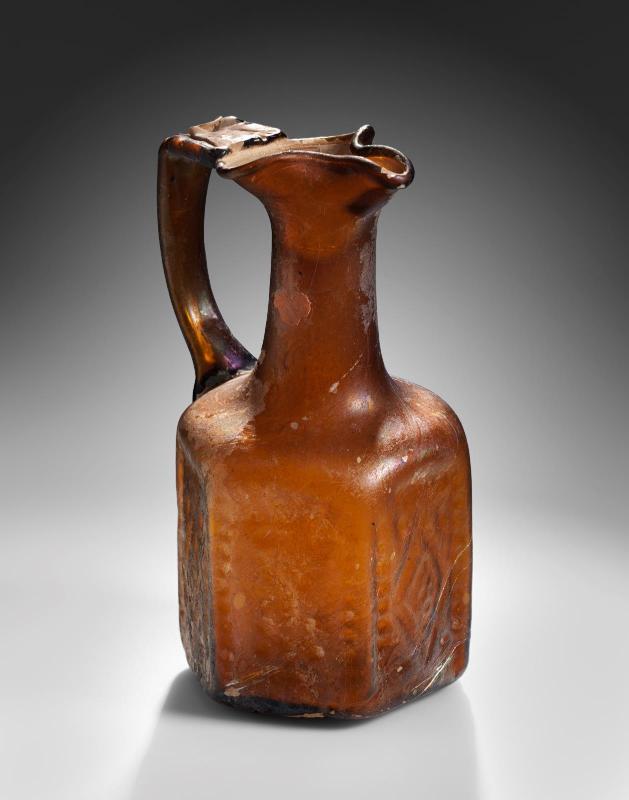 Hexagonal glass jug with Christian symbols