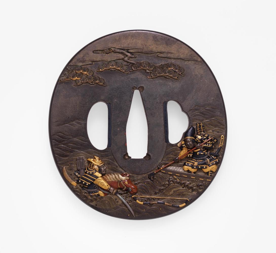 Tsuba with design of Minamoto no Yoshitsune recovering his bow at the battle of Yashima