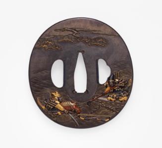 Tsuba with design of Minamoto no Yoshitsune recovering his bow at the battle of Yashima