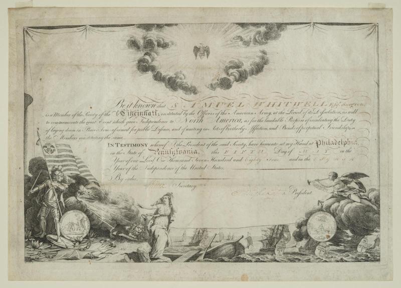 Certificate of Membership of Samuel Whitwell in the Society of the Cincinnati