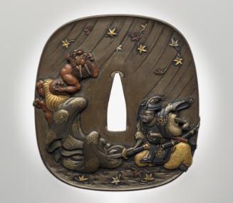 Tsuba with design of Momijigari, Taira no Koremochi slaying the demon
