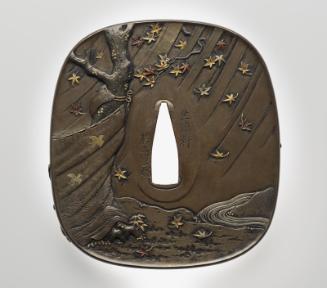 Tsuba with design of Momijigari, Taira no Koremochi slaying the demon