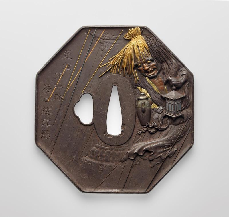 Tsuba with design of Taira no Tadamori and a lamp-lighting monk near Gion Shrine