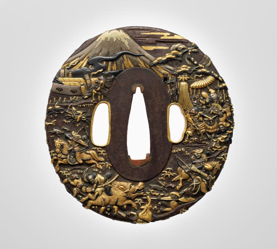 Tsuba with design of Minamoto no Yoritomo's  hunt under Mount Fuji, including Nitta Shirô mounting and slaying a boar