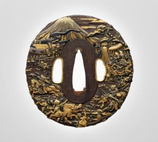 Tsuba with design of Minamoto no Yoritomo's  hunt under Mount Fuji, including Nitta Shirô mounting and slaying a boar