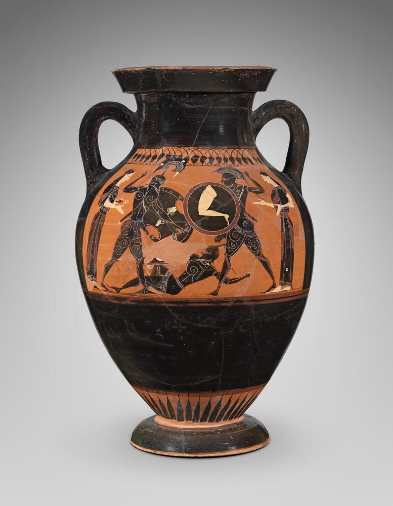 Two-handled jar (belly amphora) with dueling warriors, possibly Achilles and Memnon