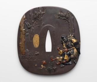 Tsuba with design of Taira no Tadamori and a lamp-lighting monk near Gion Shrine