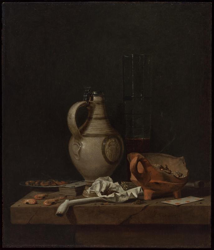 Still Life with a Stoneware Jug, Playing Cards, and Smoking Implements