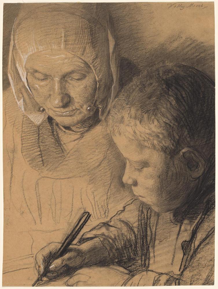 Old Woman Watching a Young Boy Writing; verso: Female Figure