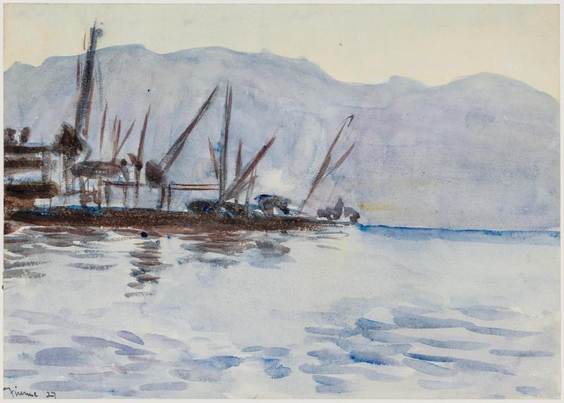 Boat on Water (recto) Buildings by a Mountain (verso)