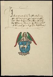 Bookplate: Five lines MS text, Angel with arms