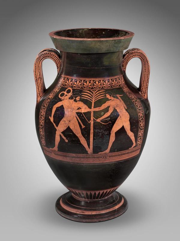 Two-handled jar (amphora) with struggle of Herakles and Apollo