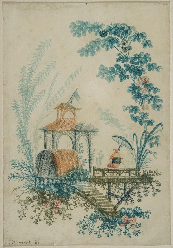 Figure seated with parasol before a small pavillion