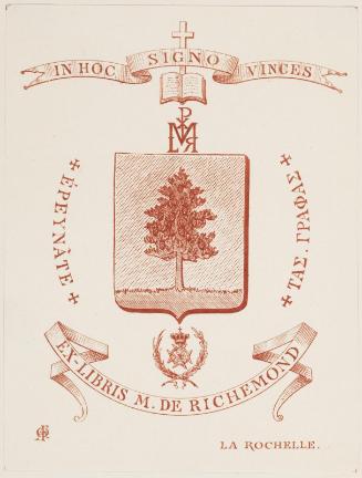 Bookplate: Mr. de Richemond (Arms, Mottoes, Monogram)