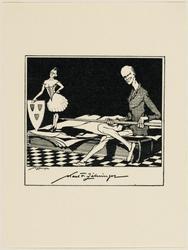 Bookplate: Karl R Zähringer. Man holding lance-like pencil seated on large book