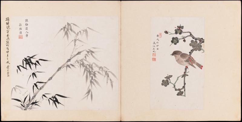 One of 42 Paintings and Calligraphies for Mao Qi: Bamboo by Sun Jimo and Flower and Bird by Wang Jian