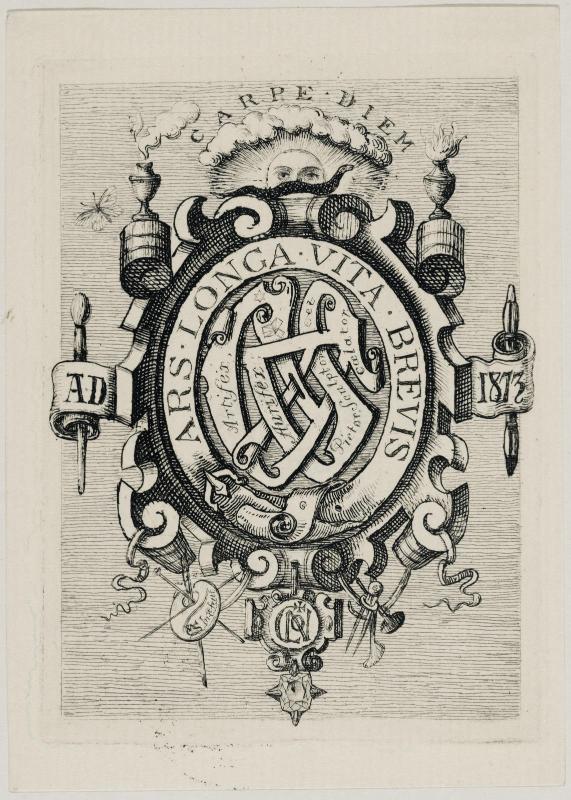 Bookplate: Monogram: C. W. S. (?) above Carpe diem ars longs vita brevis