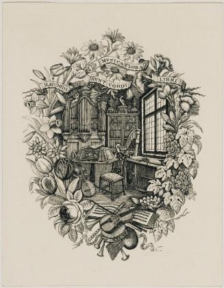 Bookplate: (no name) Interior with books and instruments, wreath of flowers, motto ribbon: Hall mihi sunt cordi musica, flora, libri.