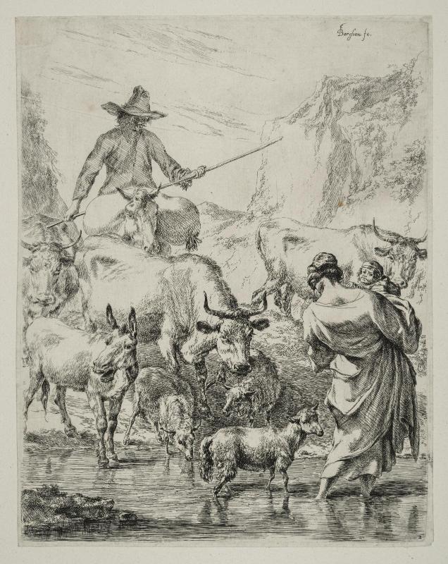 Shepherd with a Flock, Crossing a Stream
