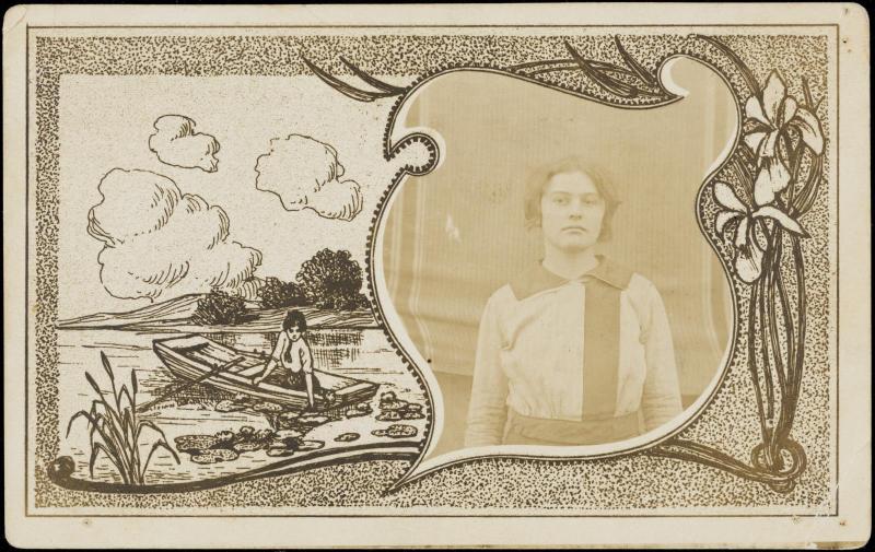 Half-length portrait of woman in drawn "frame" with woman in boat