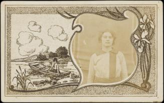 Half-length portrait of woman in drawn "frame" with woman in boat