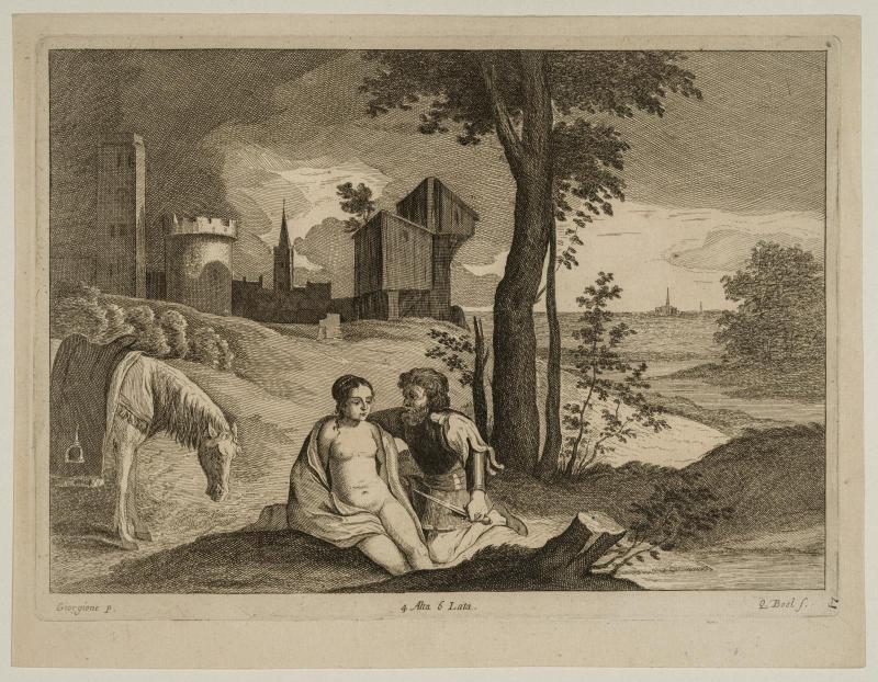 Man and nude woman in landscape