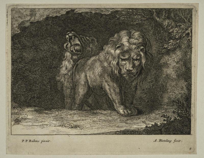 Two lions at mouth of cave