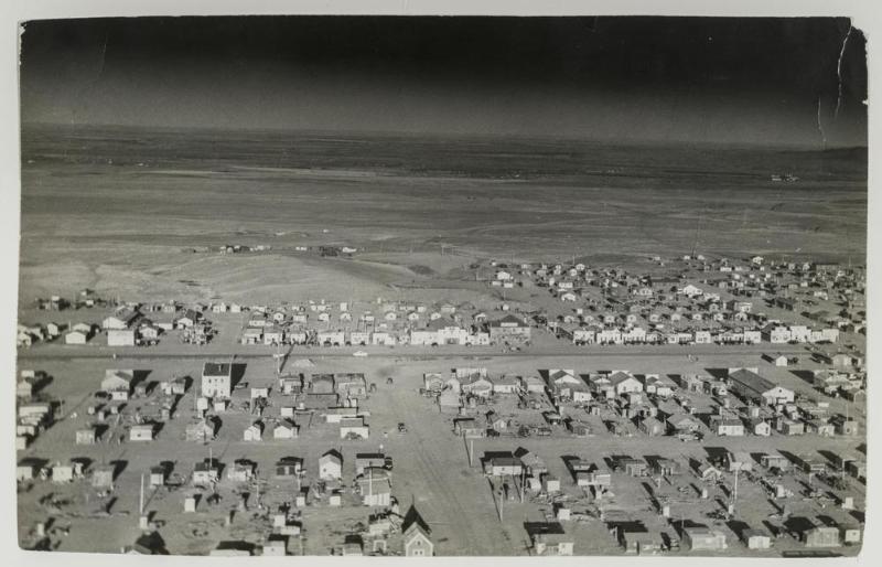 Aerial View of Wheeler, one of six shack towns around the great US work-relief project at Fort Peck, MT