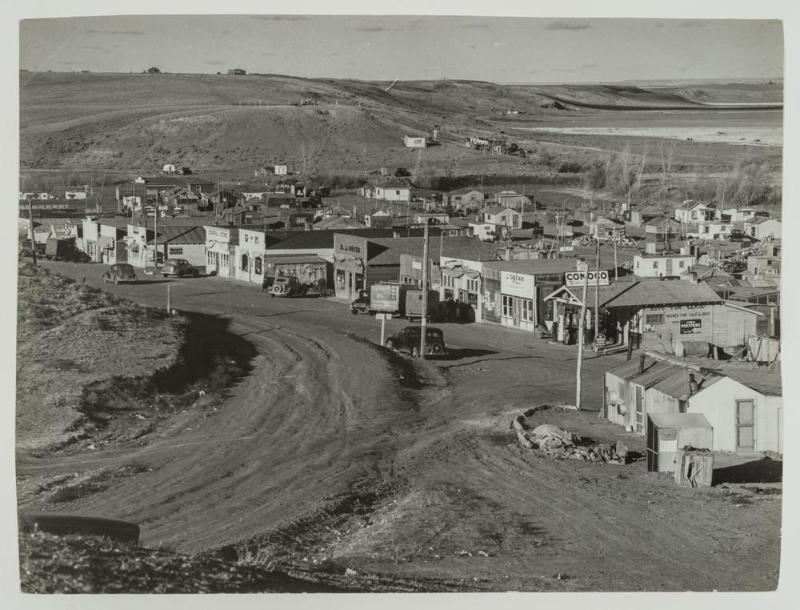 View of Fort Peck, one of the six shack towns around the US work-relief project, MT