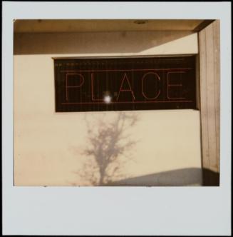 Red neon sign "PLACE" in window with shadow of tree