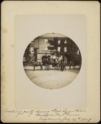 Circular Kodak image of horse drawn coach and figures in front of Red Lyon Hotel, Henley on the Thames, England
