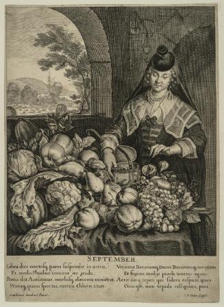 "September"  Woman satnding at a table laden with fruit
