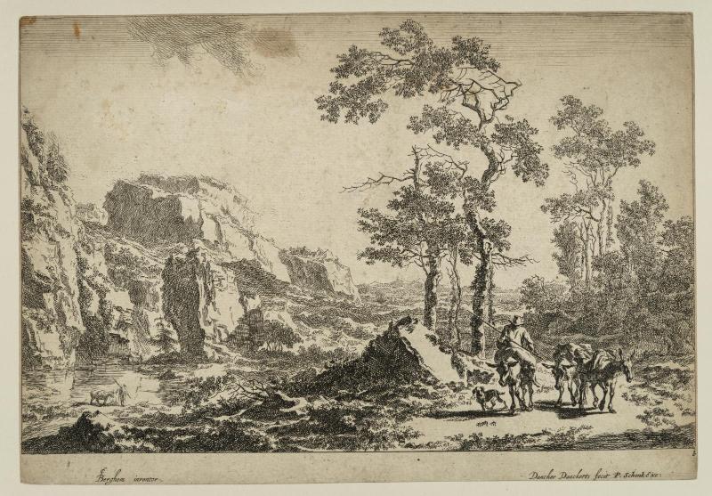 Landscape with three donkeys in foreground