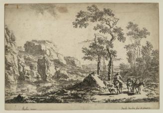 Landscape with three donkeys in foreground