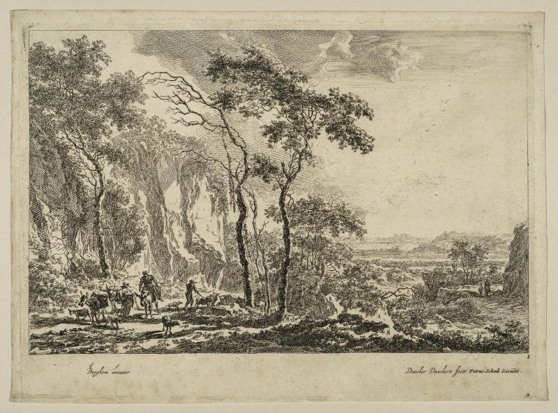 Landscape with travellers on donkeys at left